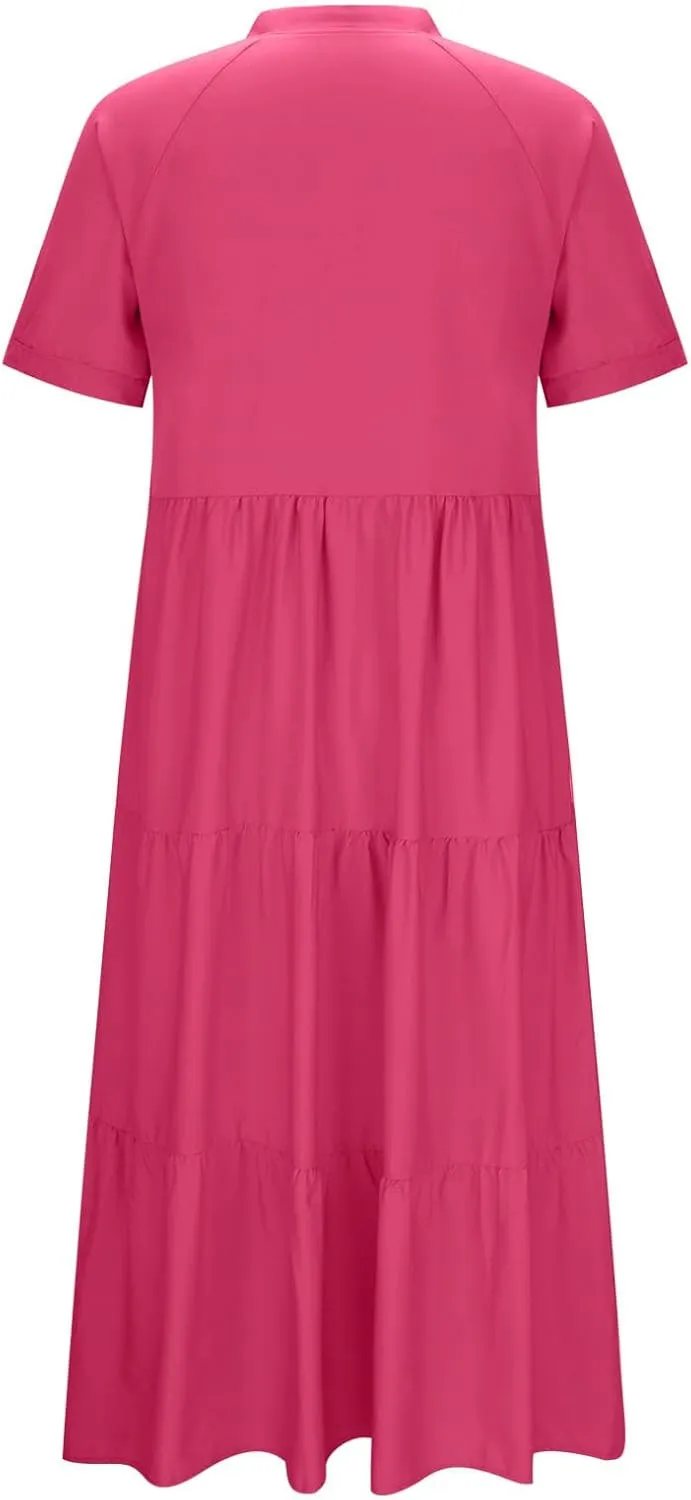 Womens Summer Boho Maxi Dresses 2025 Casual Short Sleeve Button Down Shirts Dress Flowy Tiered Beach Vacation Dress