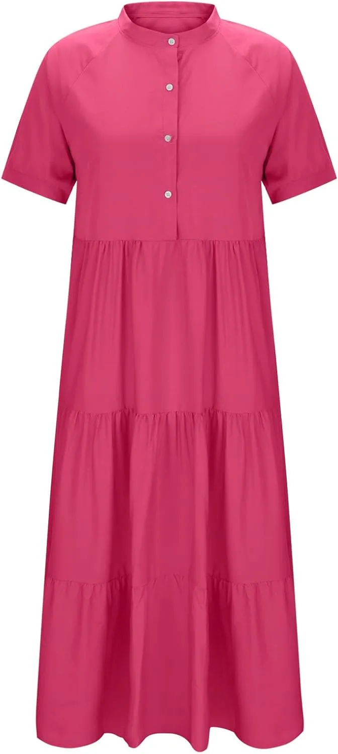 Womens Summer Boho Maxi Dresses 2025 Casual Short Sleeve Button Down Shirts Dress Flowy Tiered Beach Vacation Dress