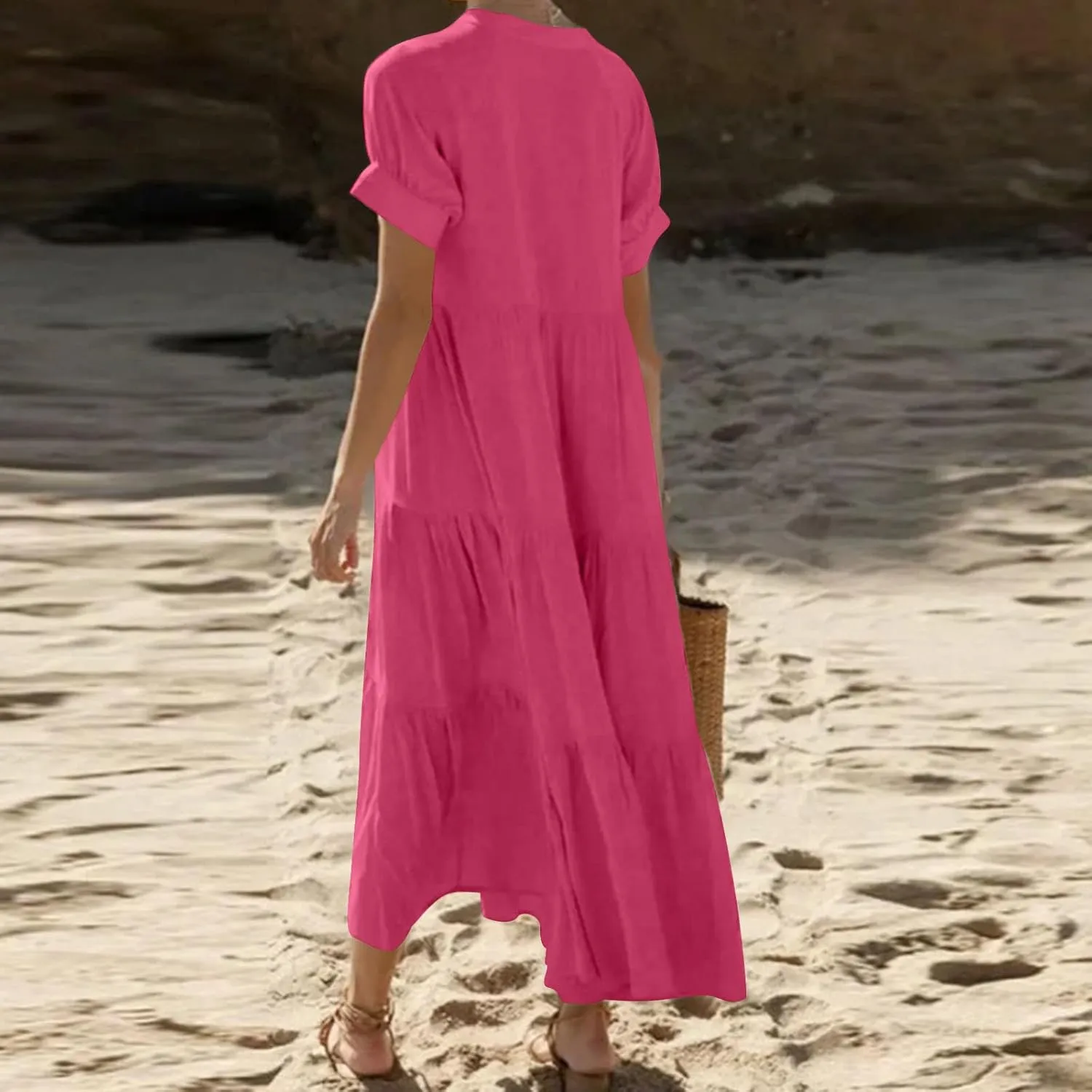 Womens Summer Boho Maxi Dresses 2025 Casual Short Sleeve Button Down Shirts Dress Flowy Tiered Beach Vacation Dress
