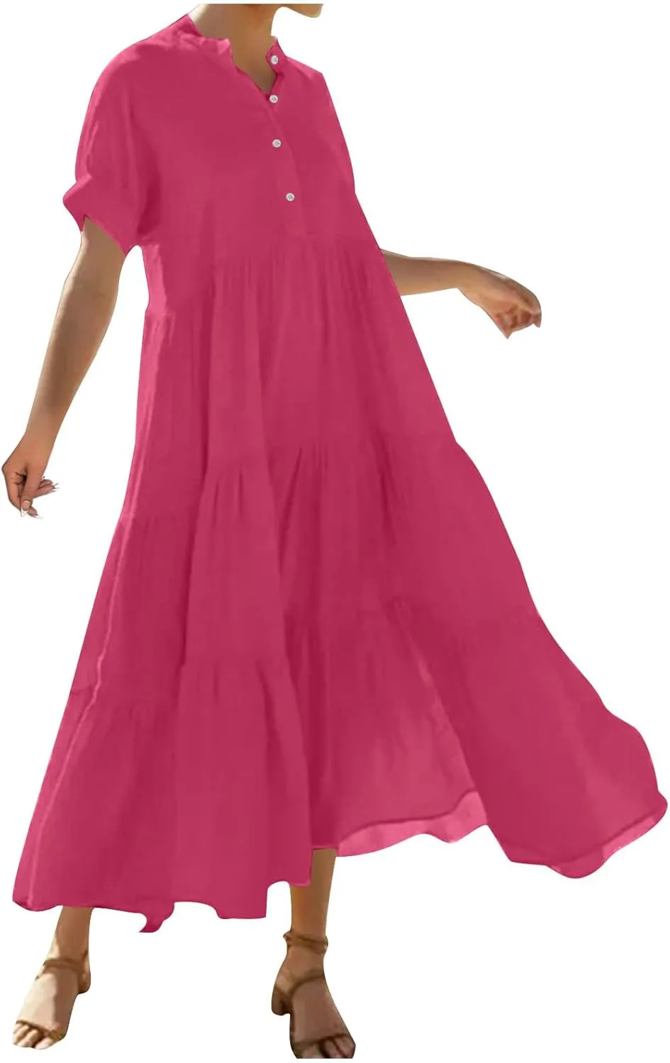 Womens Summer Boho Maxi Dresses 2025 Casual Short Sleeve Button Down Shirts Dress Flowy Tiered Beach Vacation Dress