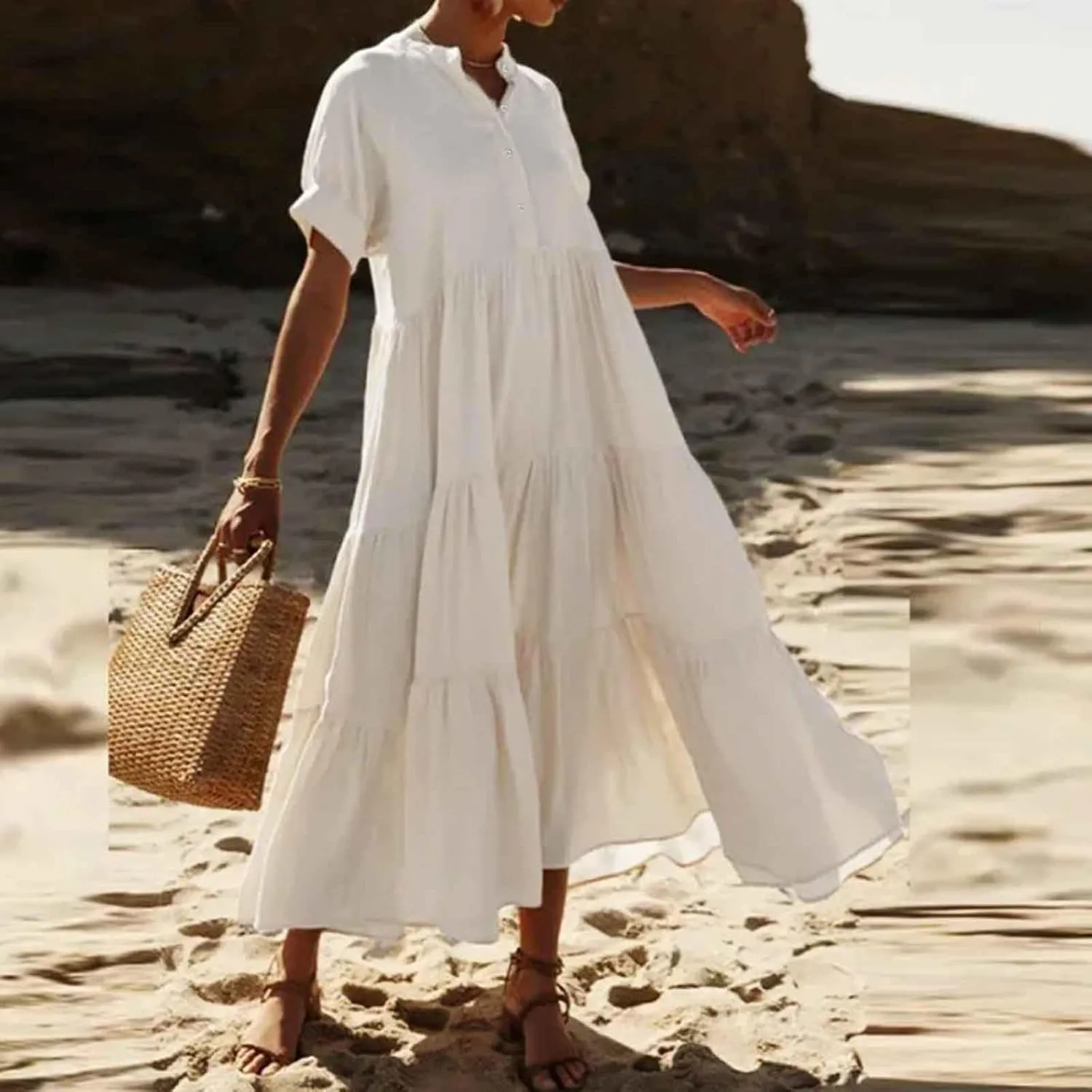 Womens Summer Boho Maxi Dresses 2025 Casual Short Sleeve Button Down Shirts Dress Flowy Tiered Beach Vacation Dress