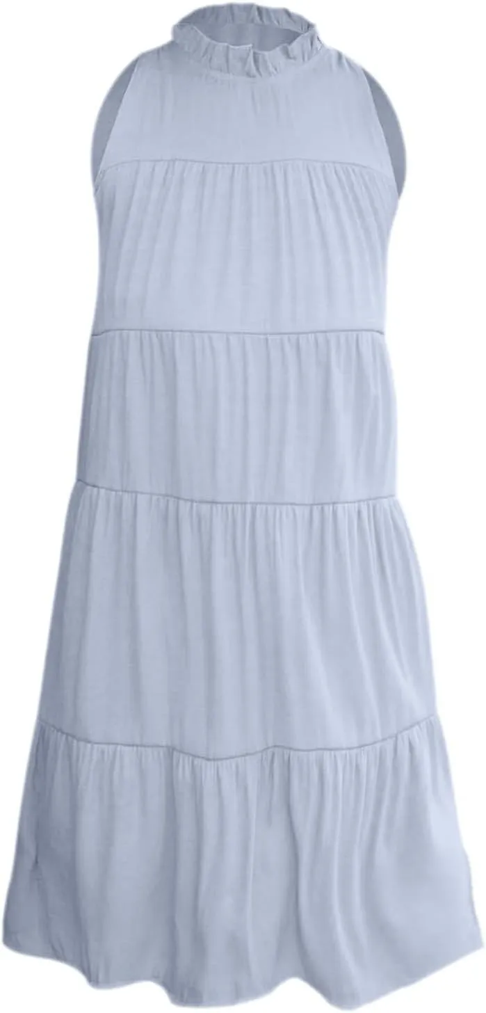 Womens Summer Dresses 2025 Casual Halter Sundress Sleeveless Flowy Mini Babydoll Tiered Pleated Beach Dress