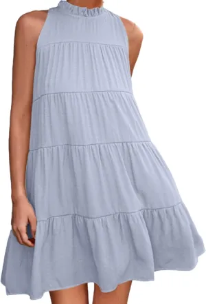 Womens Summer Dresses 2025 Casual Halter Sundress Sleeveless Flowy Mini Babydoll Tiered Pleated Beach Dress