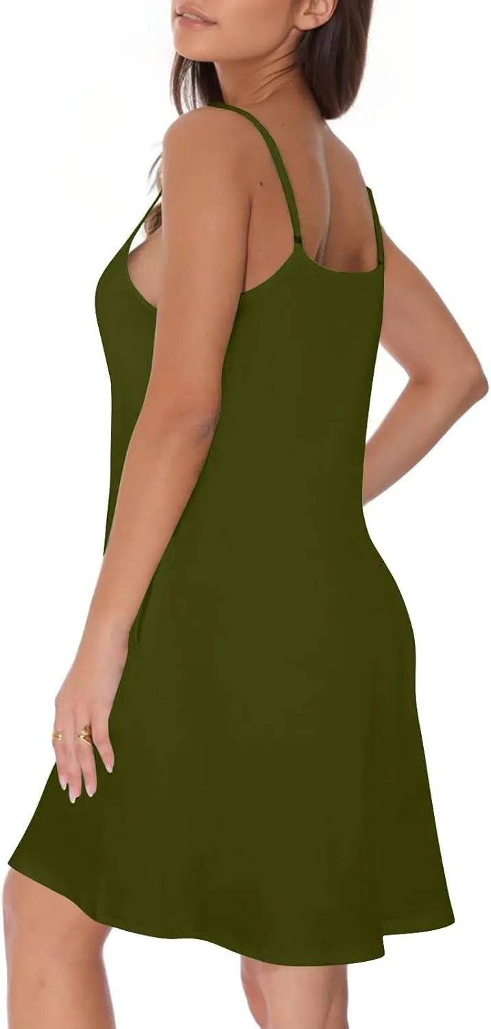 Womens Summer Dresses Spaghetti Strap V Neck Casual Sleeveless Solid Sundress Beach Button Shirts Boho Mini Dress