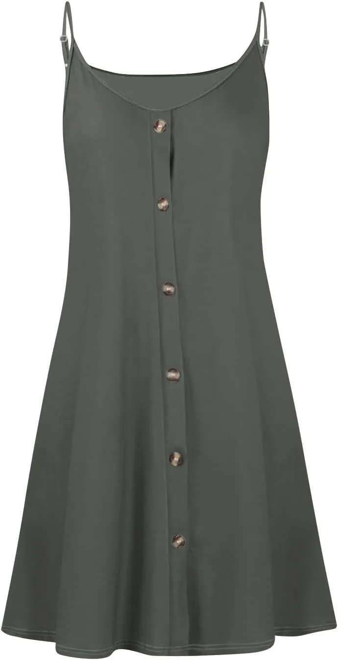 Womens Summer Dresses Spaghetti Strap V Neck Casual Sleeveless Solid Sundress Beach Button Shirts Boho Mini Dress