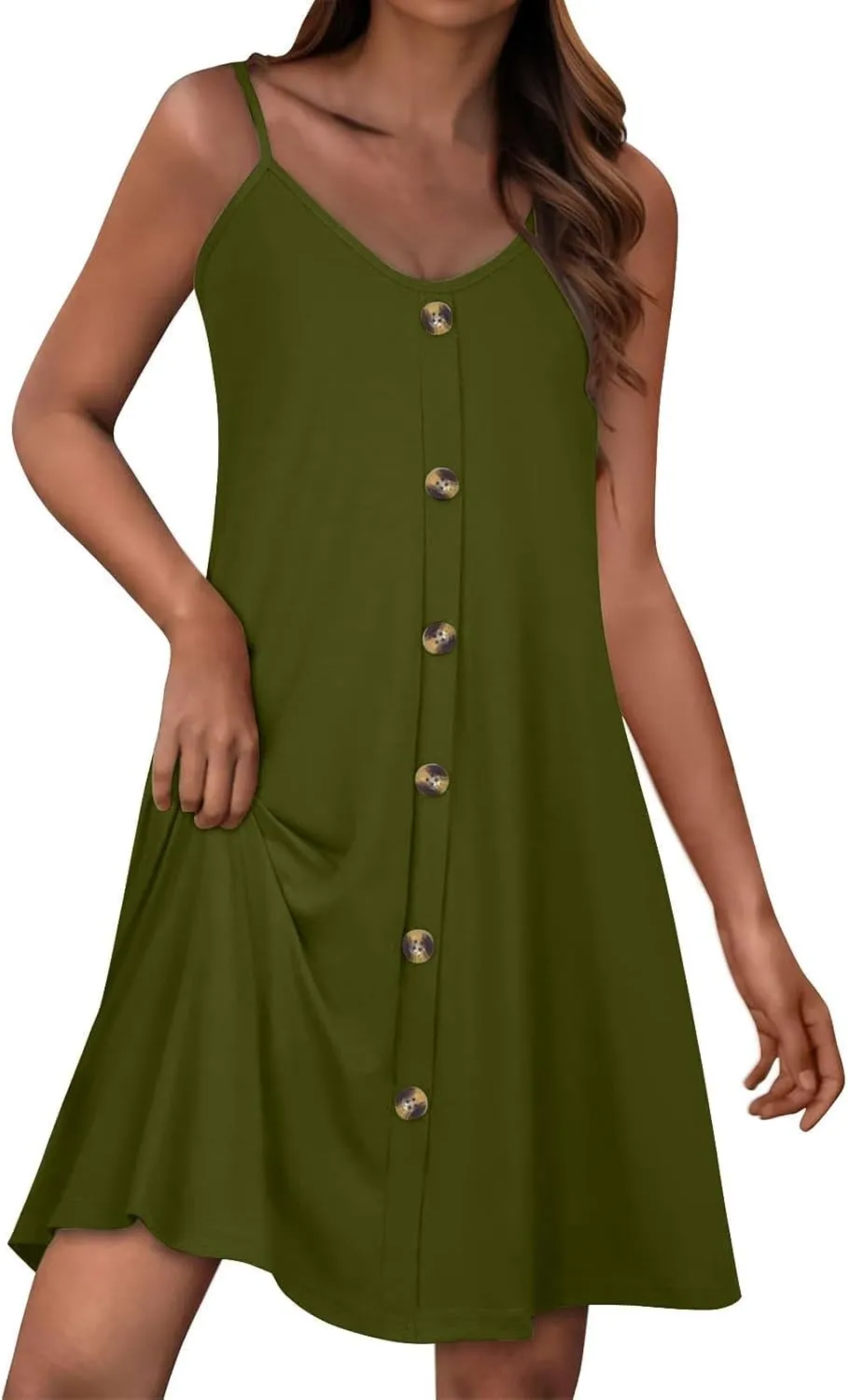 Womens Summer Dresses Spaghetti Strap V Neck Casual Sleeveless Solid Sundress Beach Button Shirts Boho Mini Dress