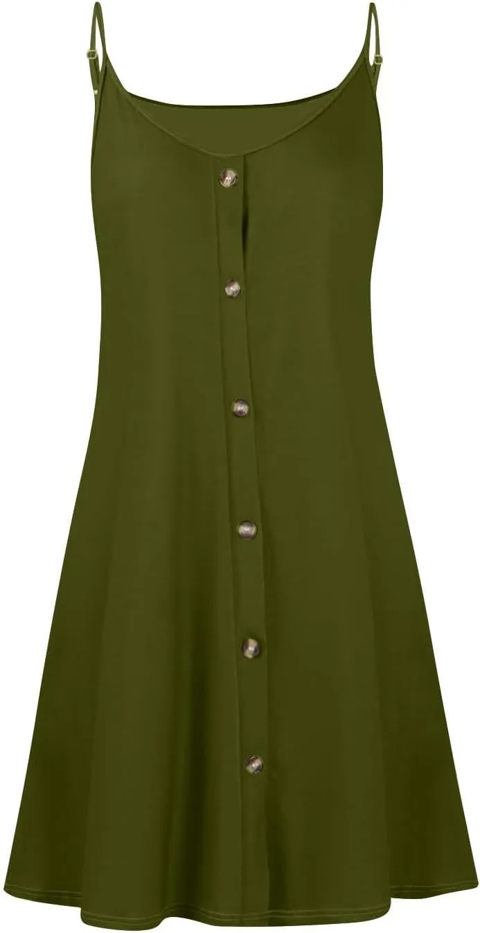 Womens Summer Dresses Spaghetti Strap V Neck Casual Sleeveless Solid Sundress Beach Button Shirts Boho Mini Dress