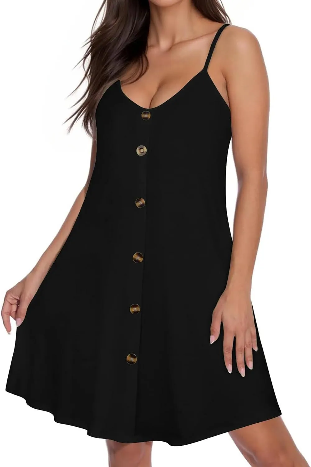 Womens Summer Dresses Spaghetti Strap V Neck Casual Sleeveless Solid Sundress Beach Button Shirts Boho Mini Dress
