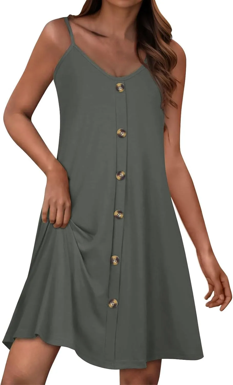 Womens Summer Dresses Spaghetti Strap V Neck Casual Sleeveless Solid Sundress Beach Button Shirts Boho Mini Dress
