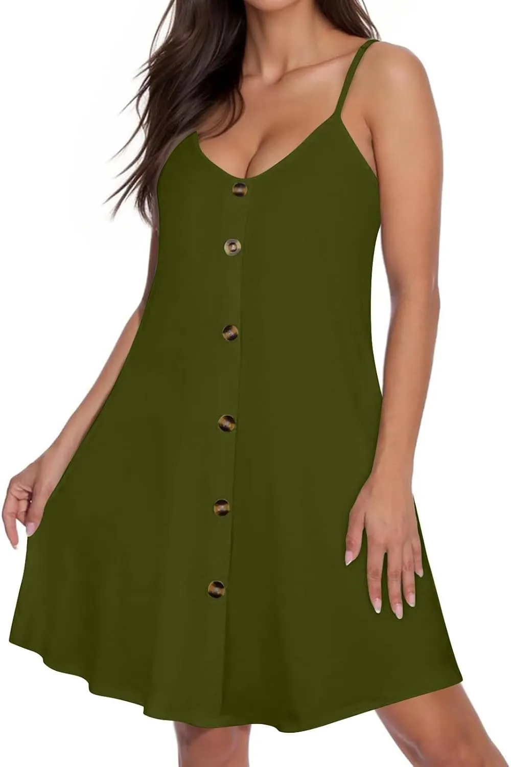 Womens Summer Dresses Spaghetti Strap V Neck Casual Sleeveless Solid Sundress Beach Button Shirts Boho Mini Dress
