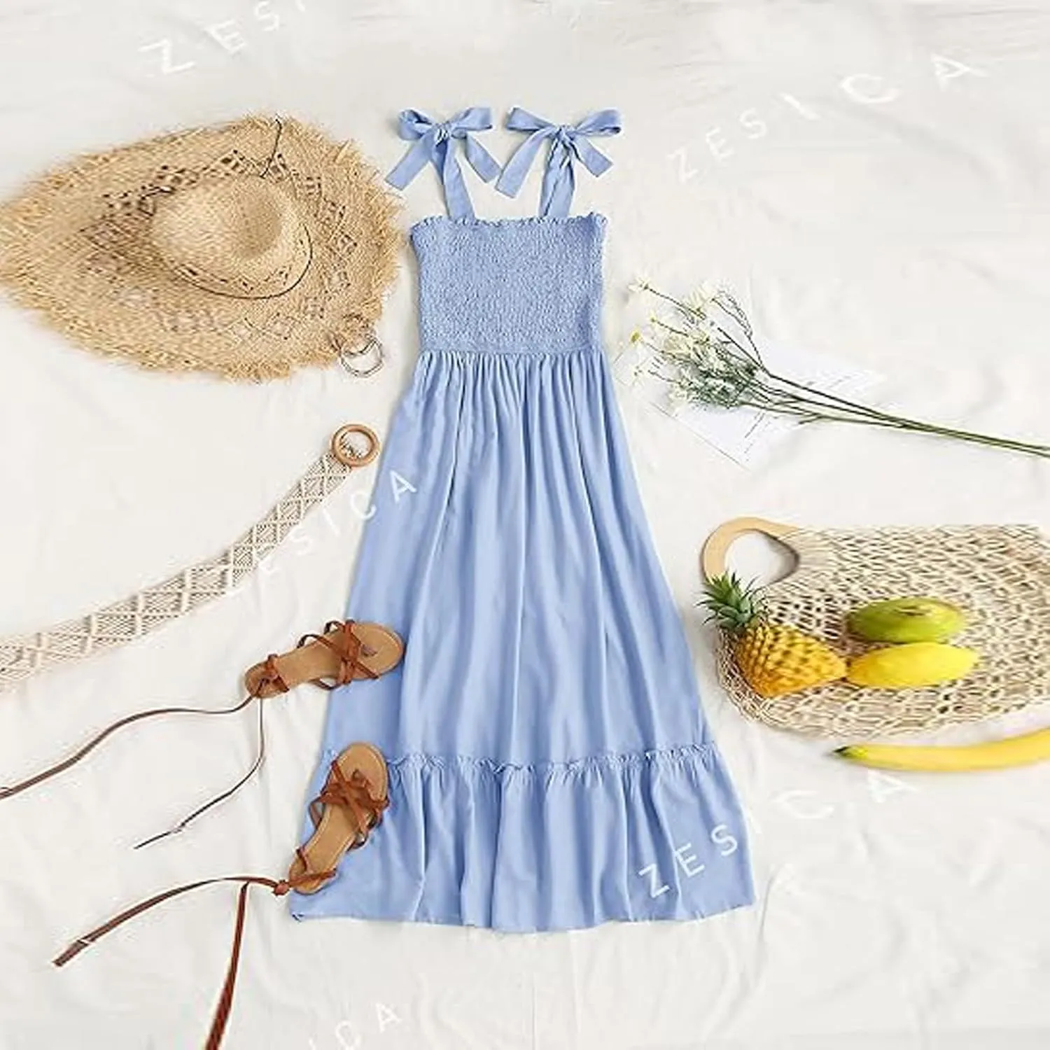 Womens Tiered Maxi Dress 2024 Summer Tie Straps Smocked Square Neck Long Dress Boho Beach Flowy Swing A-Line Sundress