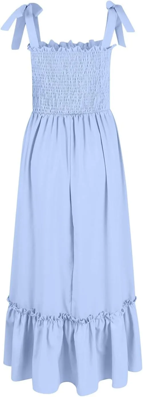 Womens Tiered Maxi Dress 2024 Summer Tie Straps Smocked Square Neck Long Dress Boho Beach Flowy Swing A-Line Sundress