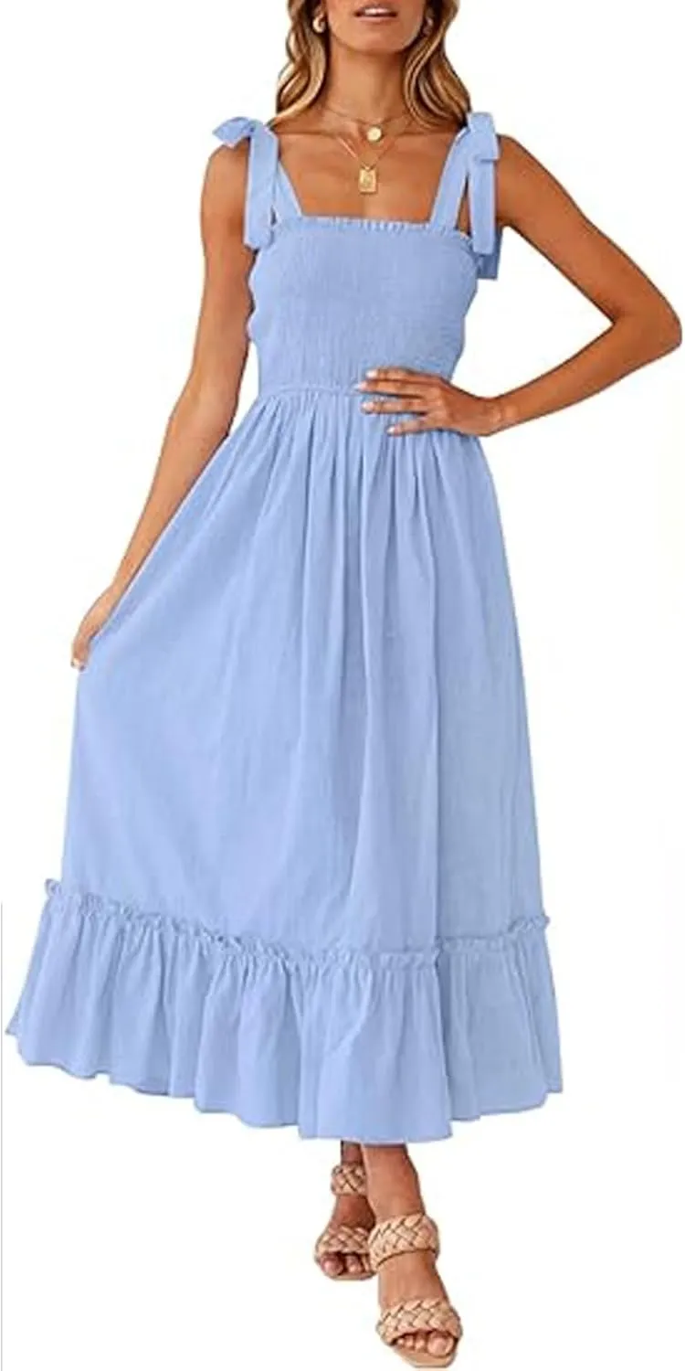 Womens Tiered Maxi Dress 2024 Summer Tie Straps Smocked Square Neck Long Dress Boho Beach Flowy Swing A-Line Sundress