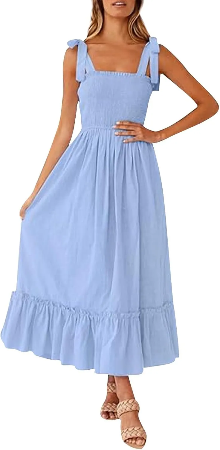 Womens Tiered Maxi Dress 2024 Summer Tie Straps Smocked Square Neck Long Dress Boho Beach Flowy Swing A-Line Sundress