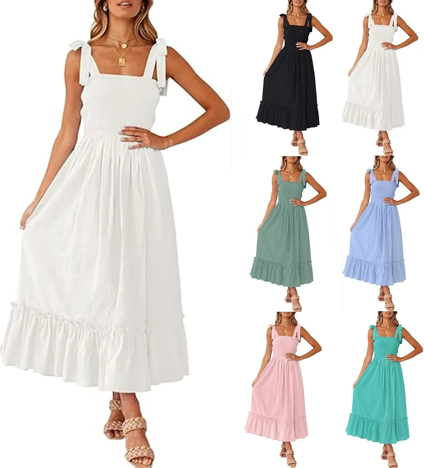 Womens Tiered Maxi Dress 2024 Summer Tie Straps Smocked Square Neck Long Dress Boho Beach Flowy Swing A-Line Sundress