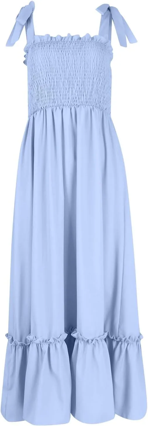 Womens Tiered Maxi Dress 2024 Summer Tie Straps Smocked Square Neck Long Dress Boho Beach Flowy Swing A-Line Sundress