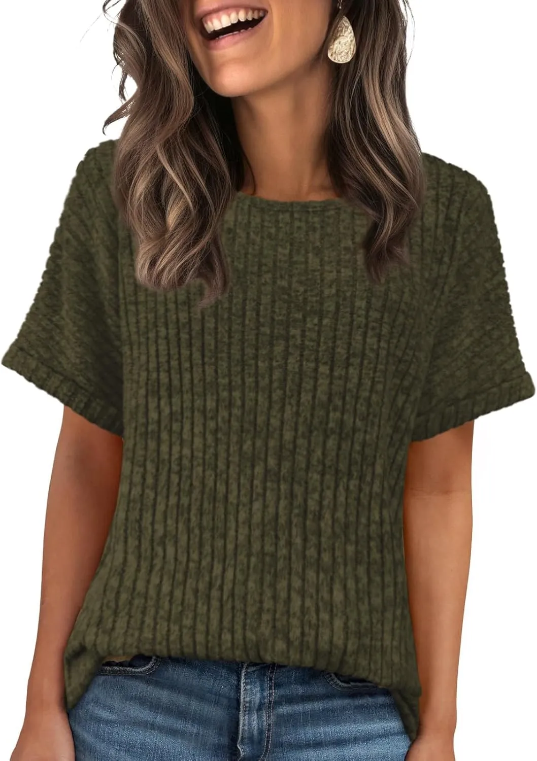 Womens Tops Business Casual Sweaters Short Sleeve Shirts Crew Neck Spring Summer Tops for Women 2025 Loose Fit