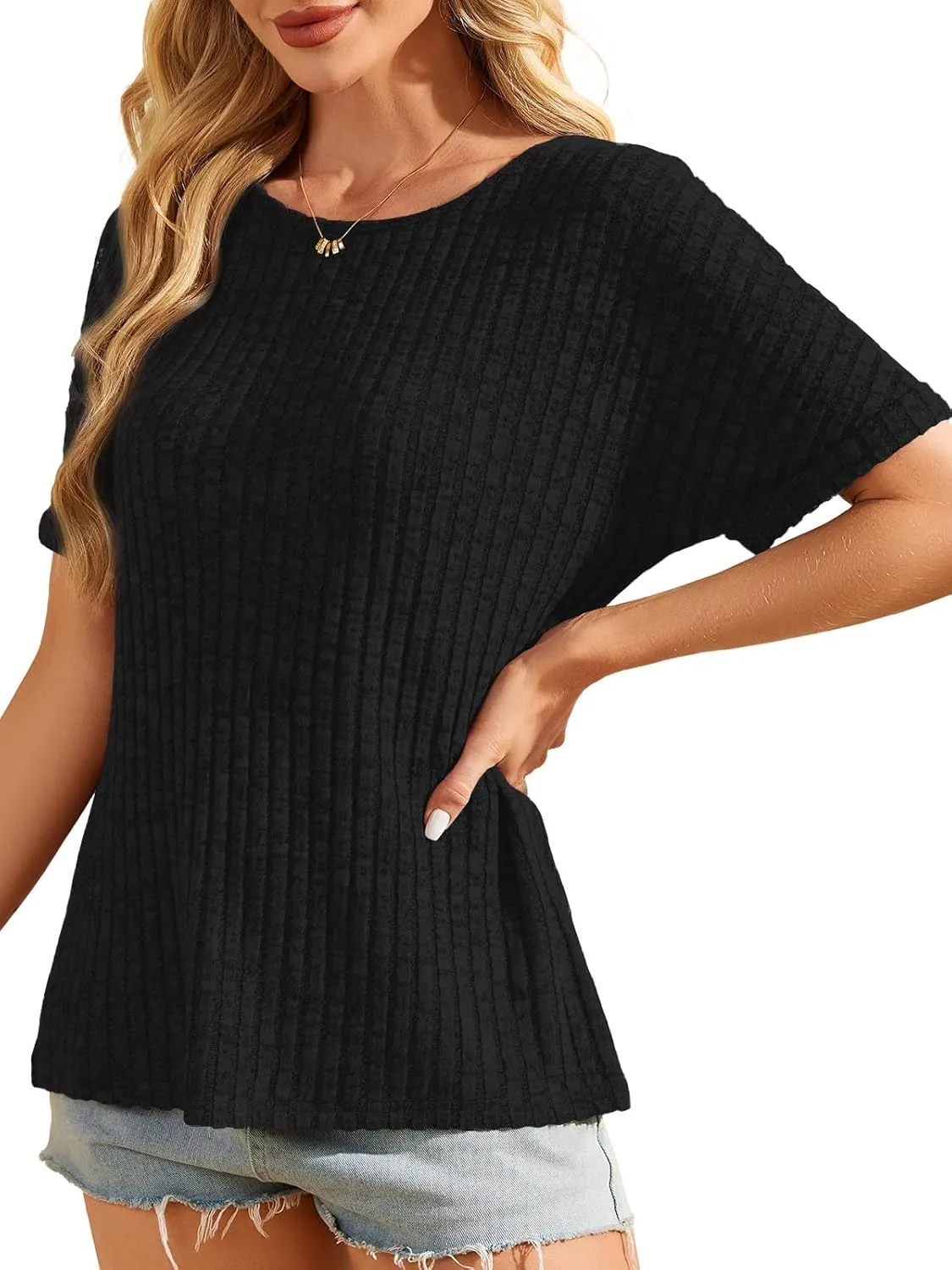 Womens Tops Business Casual Sweaters Short Sleeve Shirts Crew Neck Spring Summer Tops for Women 2025 Loose Fit