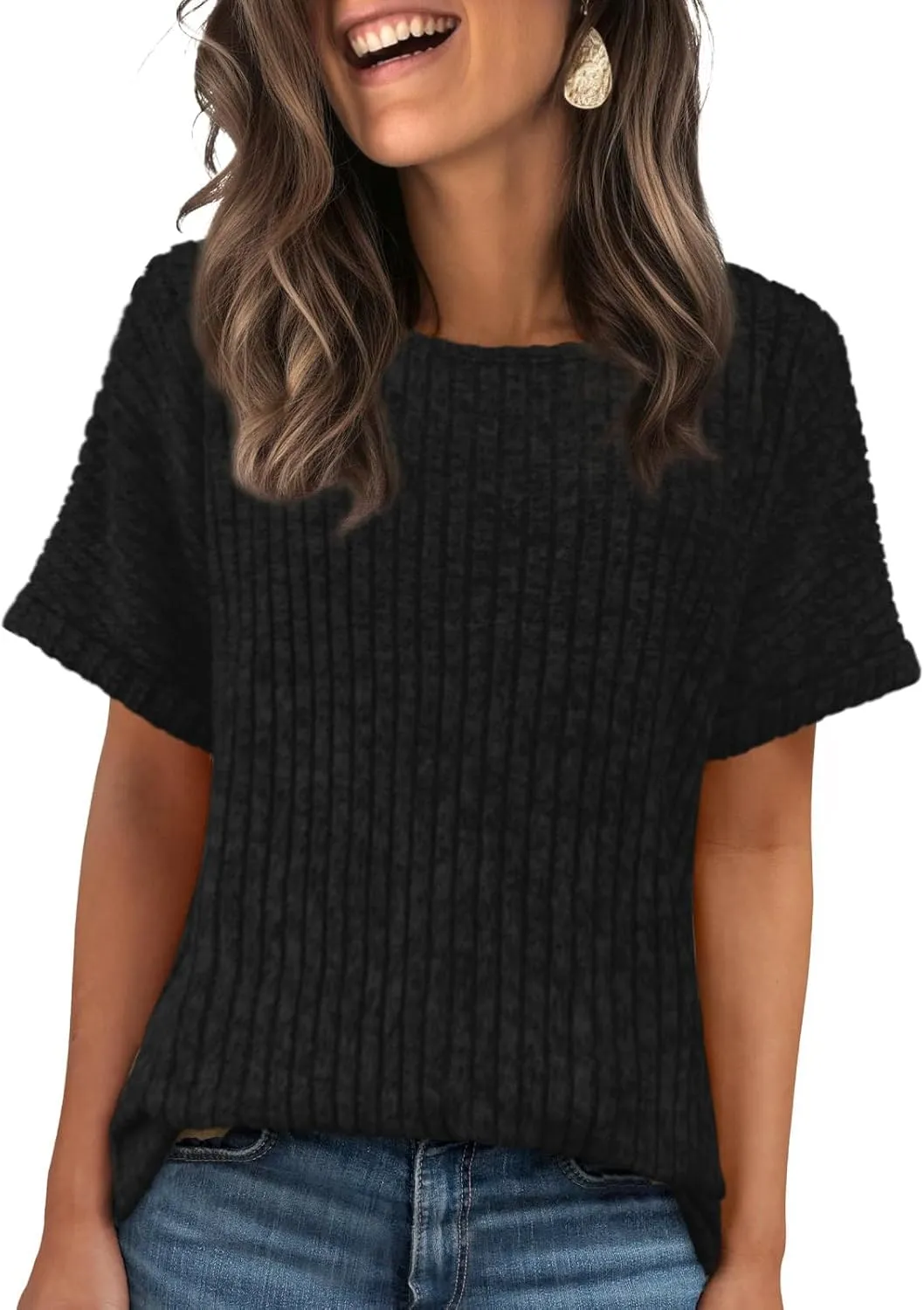 Womens Tops Business Casual Sweaters Short Sleeve Shirts Crew Neck Spring Summer Tops for Women 2025 Loose Fit