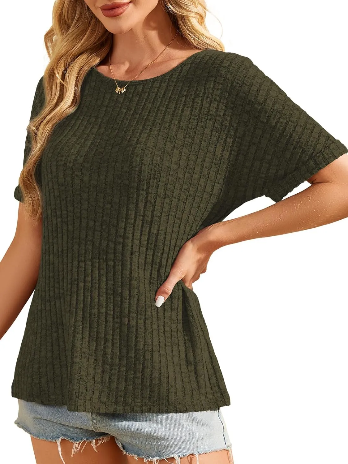Womens Tops Business Casual Sweaters Short Sleeve Shirts Crew Neck Spring Summer Tops for Women 2025 Loose Fit