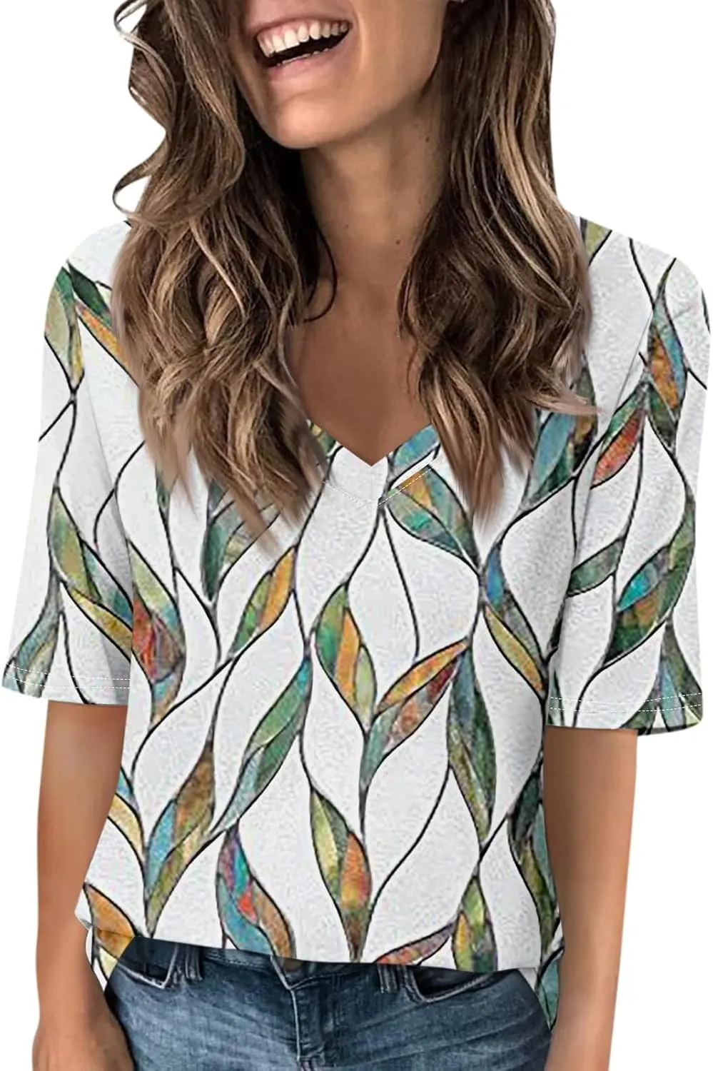 Womens Tops Half Sleeve Tops for Women Women's V Neck T Shirts Trendy Casual Print Pullover Summer Tees