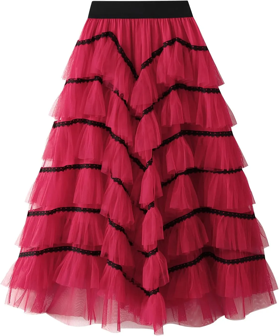 Women's Tulle Skirt Mesh Elastic High Waist Layered Pleated Skirt Floral Print A-Line Midi Party Casual Flowy Tutu Skirt