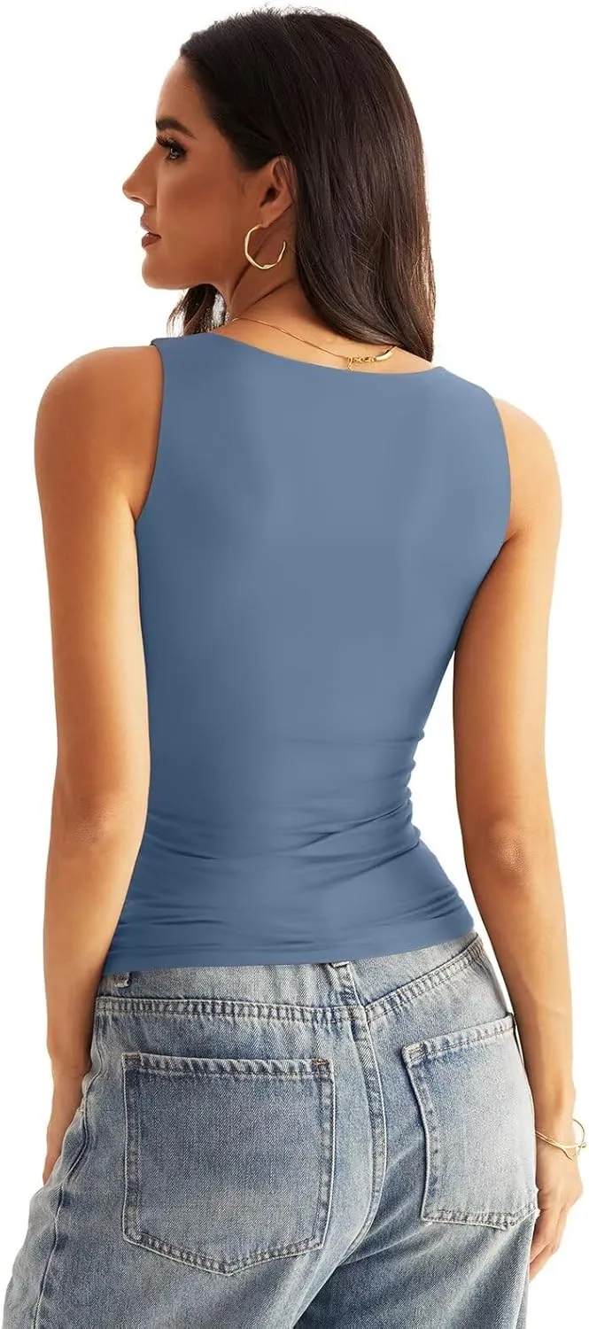 Womens V Neck Tank Tops Sleeveless Double Lined Basic Tops Slim Fit Summer Shirts 2025