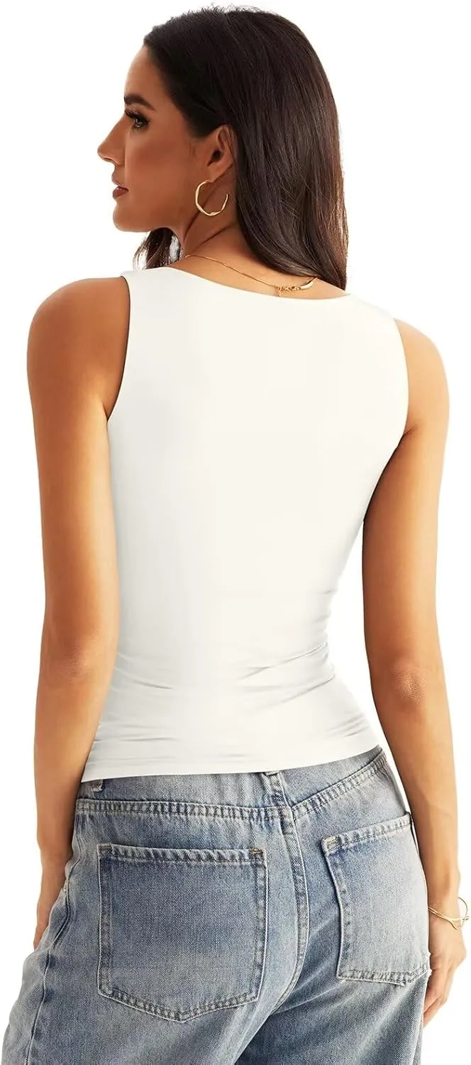 Womens V Neck Tank Tops Sleeveless Double Lined Basic Tops Slim Fit Summer Shirts 2025
