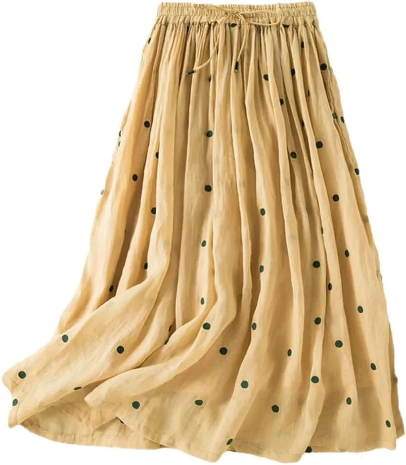 Womens Vintage Dot Casual Elastic Waist Skirts Pleated Skirt Office Flowy Midi Skirt