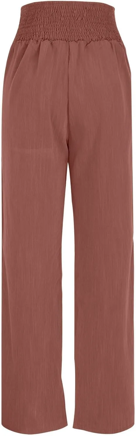 Women's Wide Leg Pants Comfortable Elastic High Waist Loose Button Solid Trousers Work Casual Pants with Pockets
