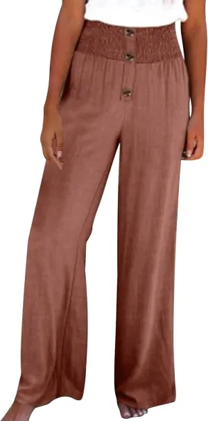 Women's Wide Leg Pants Comfortable Elastic High Waist Loose Button Solid Trousers Work Casual Pants with Pockets