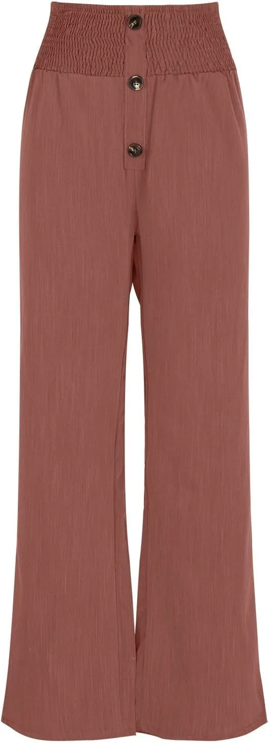 Women's Wide Leg Pants Comfortable Elastic High Waist Loose Button Solid Trousers Work Casual Pants with Pockets