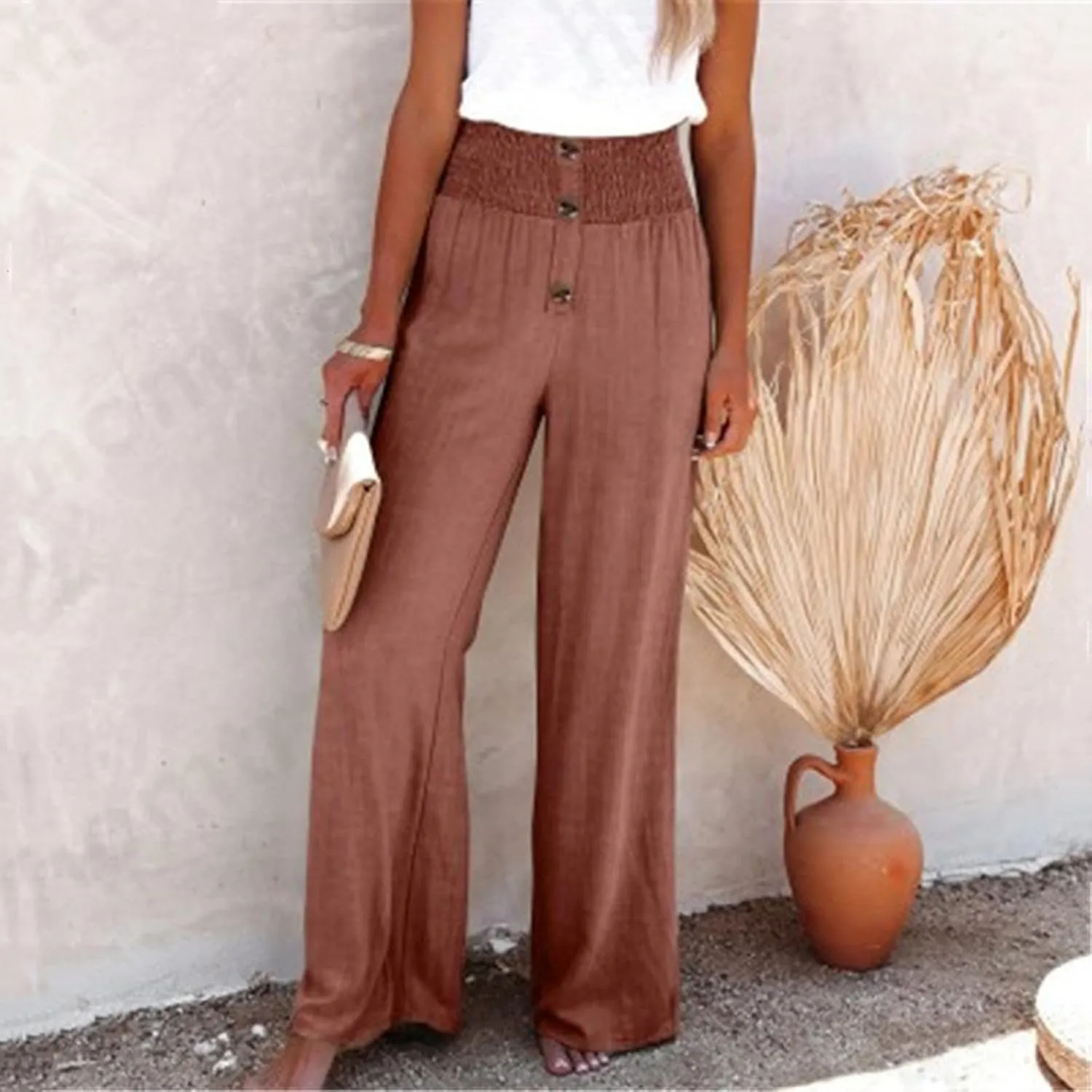 Women's Wide Leg Pants Comfortable Elastic High Waist Loose Button Solid Trousers Work Casual Pants with Pockets