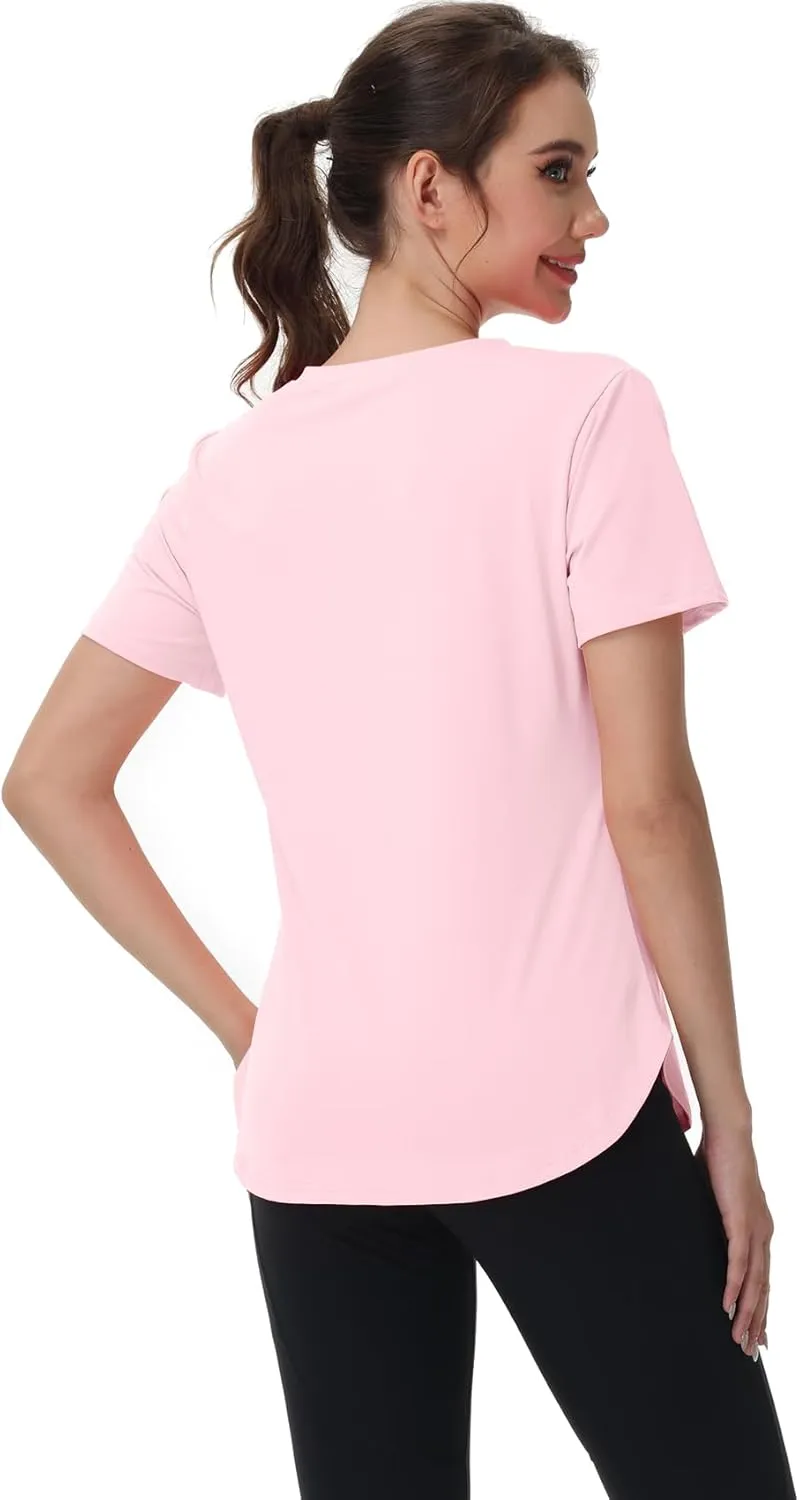 Womens Workout Tops Short Sleeve T Shirts Moisture Wicking Yoga Gym Running Hiking V Neck Athletic Tee