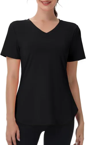 Womens Workout Tops Short Sleeve T Shirts Moisture Wicking Yoga Gym Running Hiking V Neck Athletic Tee