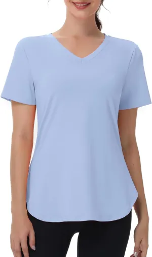 Womens Workout Tops Short Sleeve T Shirts Moisture Wicking Yoga Gym Running Hiking V Neck Athletic Tee