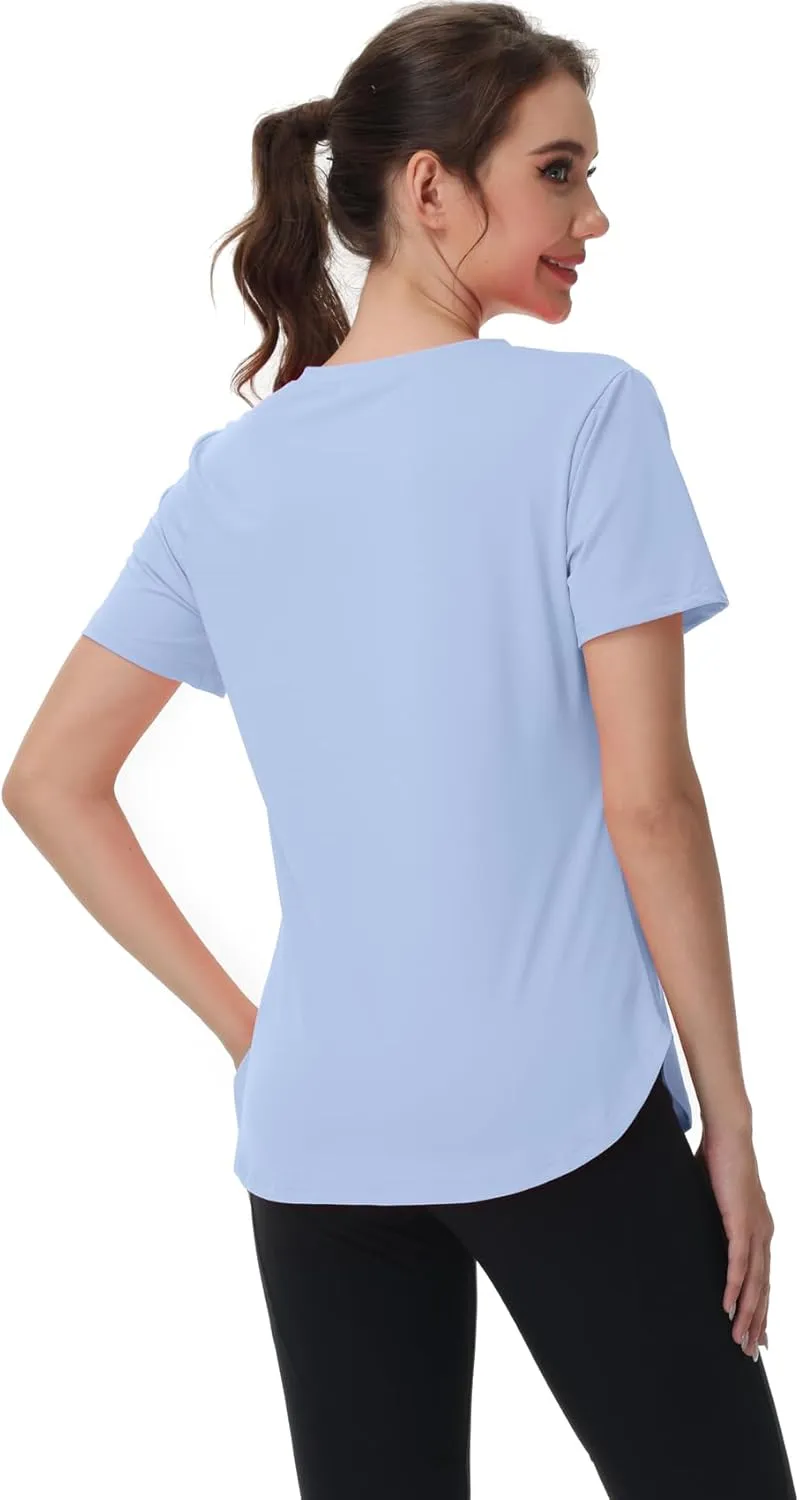 Womens Workout Tops Short Sleeve T Shirts Moisture Wicking Yoga Gym Running Hiking V Neck Athletic Tee