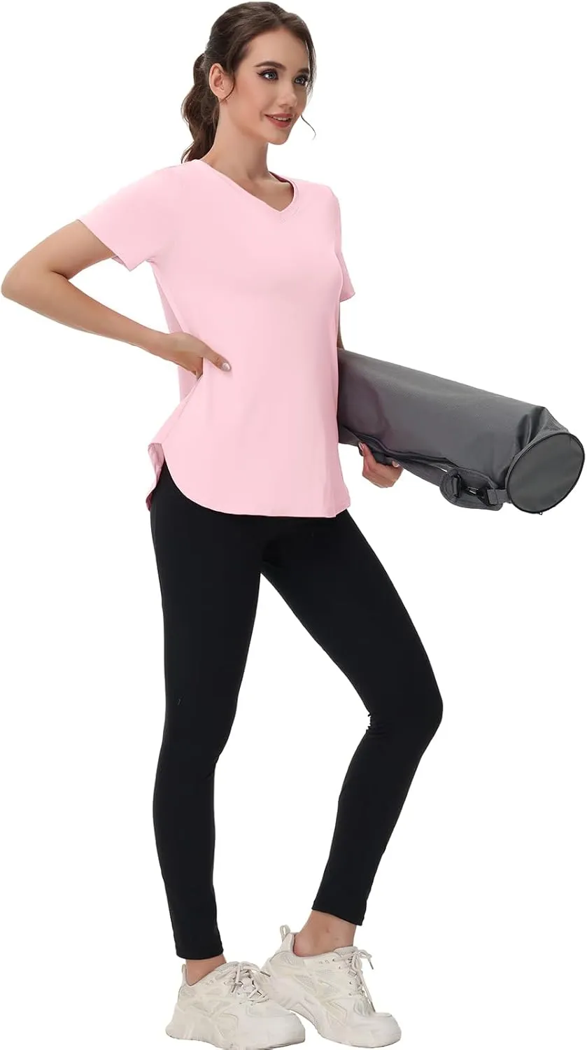 Womens Workout Tops Short Sleeve T Shirts Moisture Wicking Yoga Gym Running Hiking V Neck Athletic Tee