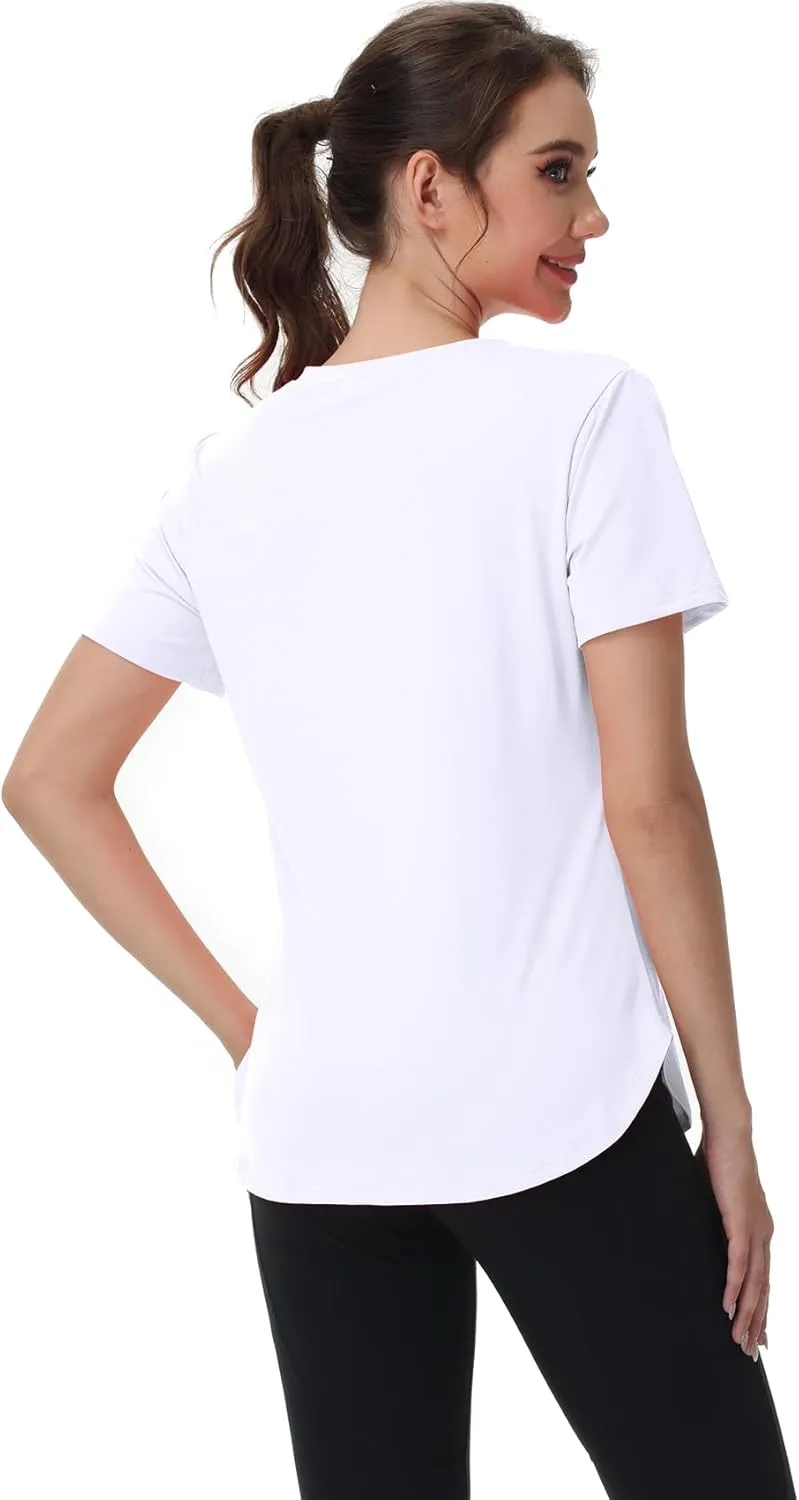Womens Workout Tops Short Sleeve T Shirts Moisture Wicking Yoga Gym Running Hiking V Neck Athletic Tee