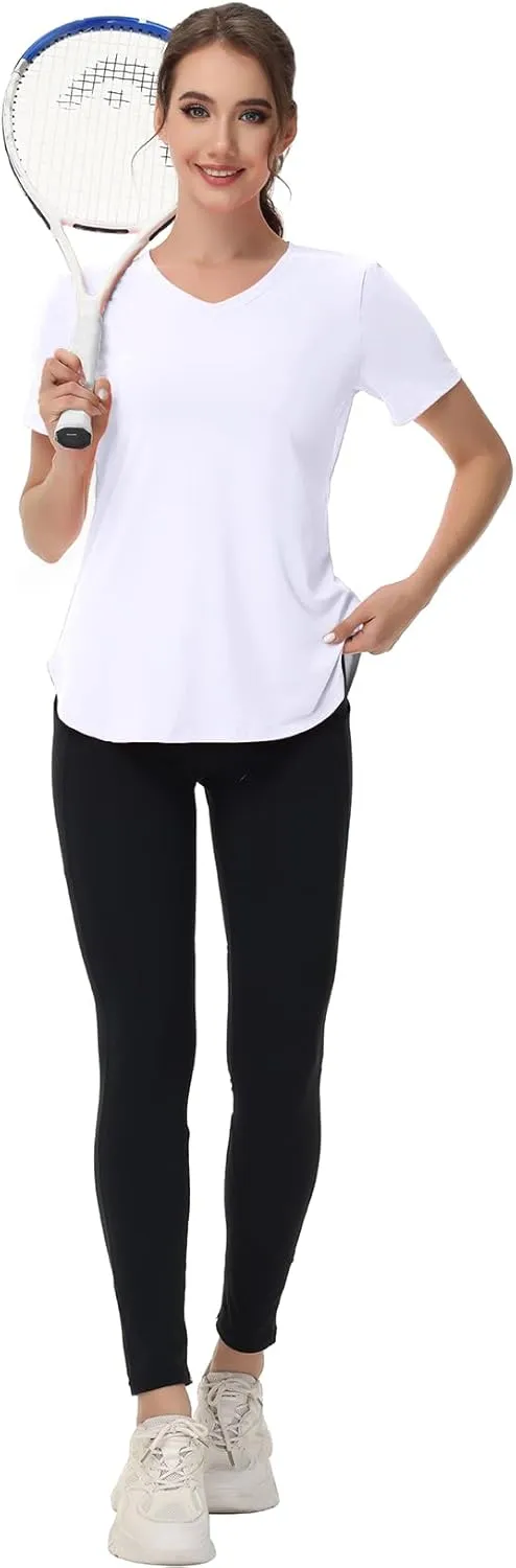 Womens Workout Tops Short Sleeve T Shirts Moisture Wicking Yoga Gym Running Hiking V Neck Athletic Tee