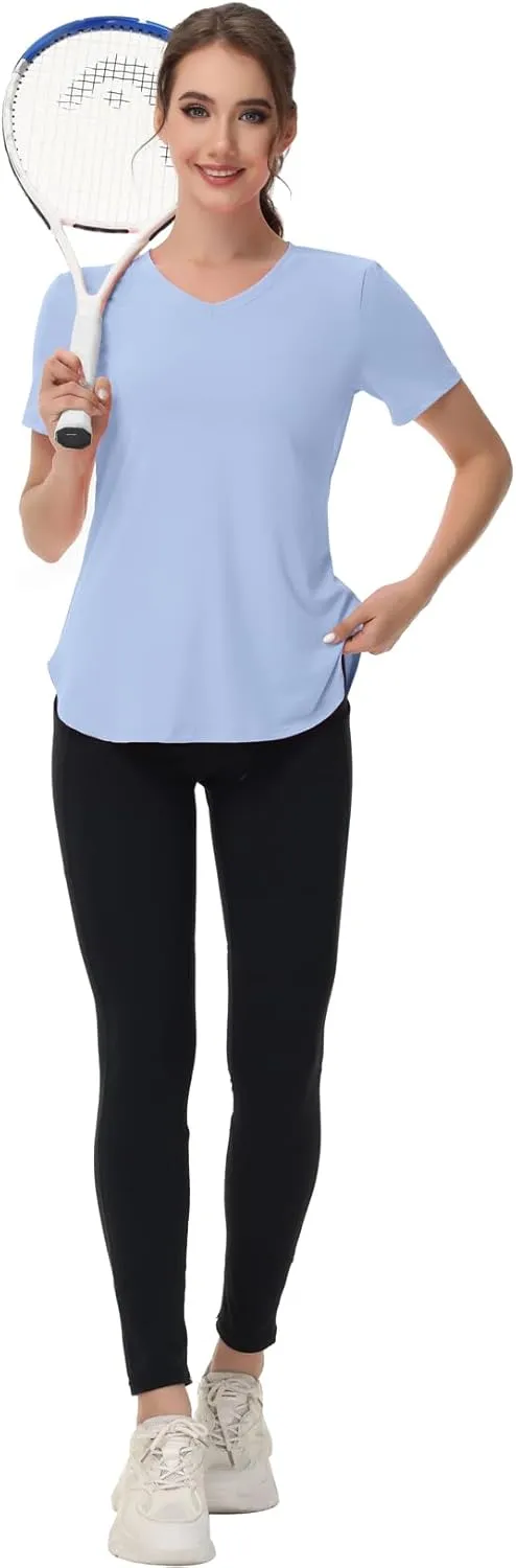 Womens Workout Tops Short Sleeve T Shirts Moisture Wicking Yoga Gym Running Hiking V Neck Athletic Tee