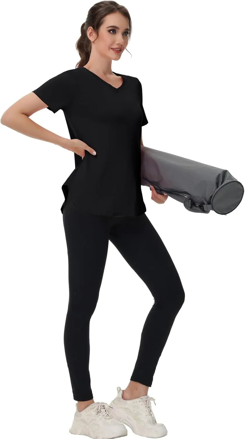 Womens Workout Tops Short Sleeve T Shirts Moisture Wicking Yoga Gym Running Hiking V Neck Athletic Tee