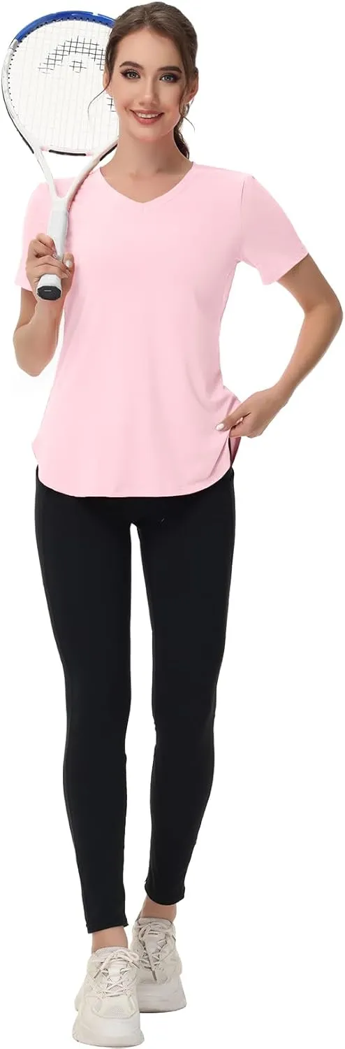 Womens Workout Tops Short Sleeve T Shirts Moisture Wicking Yoga Gym Running Hiking V Neck Athletic Tee