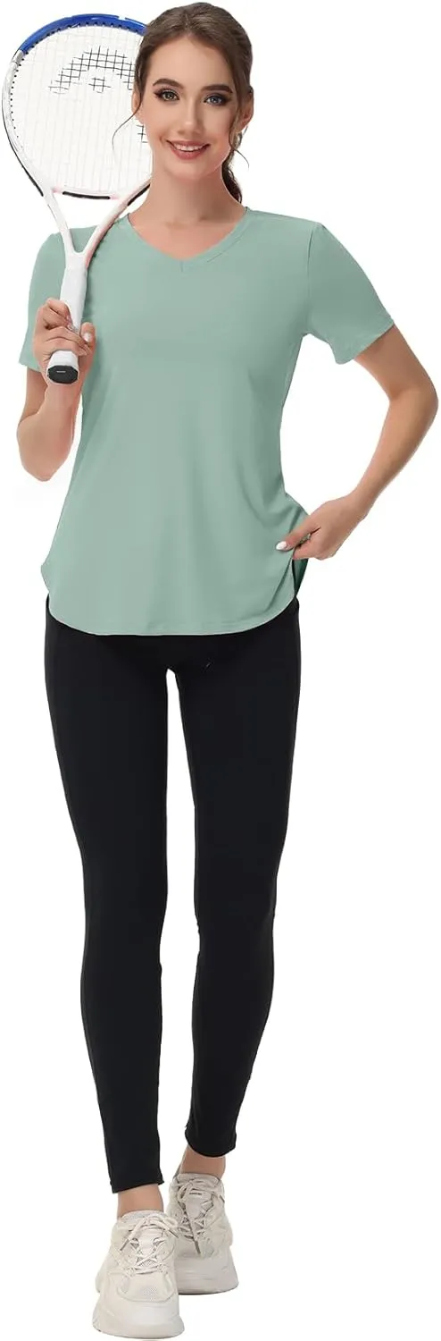 Womens Workout Tops Short Sleeve T Shirts Moisture Wicking Yoga Gym Running Hiking V Neck Athletic Tee