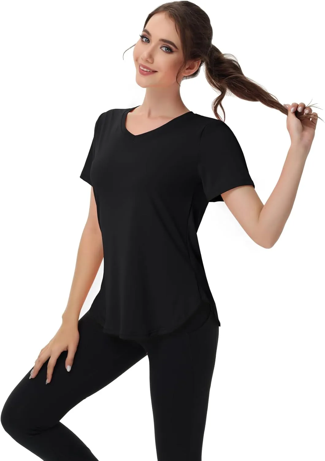 Womens Workout Tops Short Sleeve T Shirts Moisture Wicking Yoga Gym Running Hiking V Neck Athletic Tee