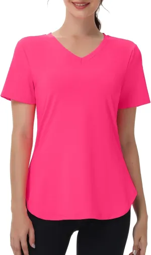 Womens Workout Tops Short Sleeve T Shirts Moisture Wicking Yoga Gym Running Hiking V Neck Athletic Tee