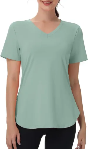 Womens Workout Tops Short Sleeve T Shirts Moisture Wicking Yoga Gym Running Hiking V Neck Athletic Tee