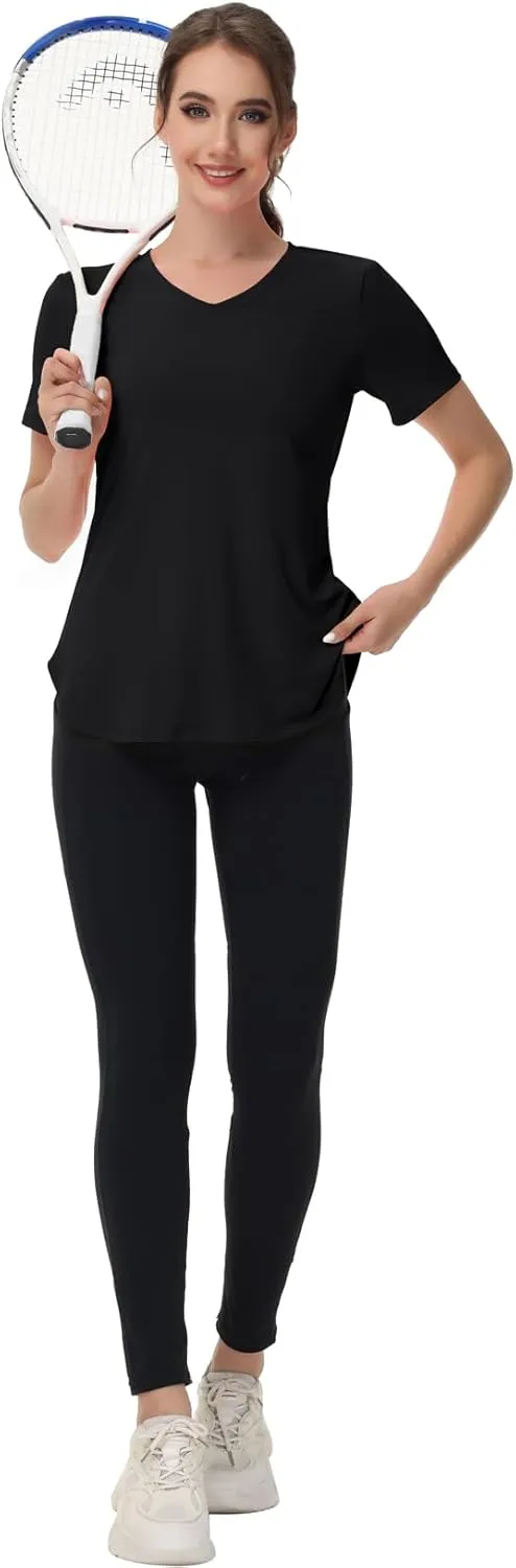 Womens Workout Tops Short Sleeve T Shirts Moisture Wicking Yoga Gym Running Hiking V Neck Athletic Tee