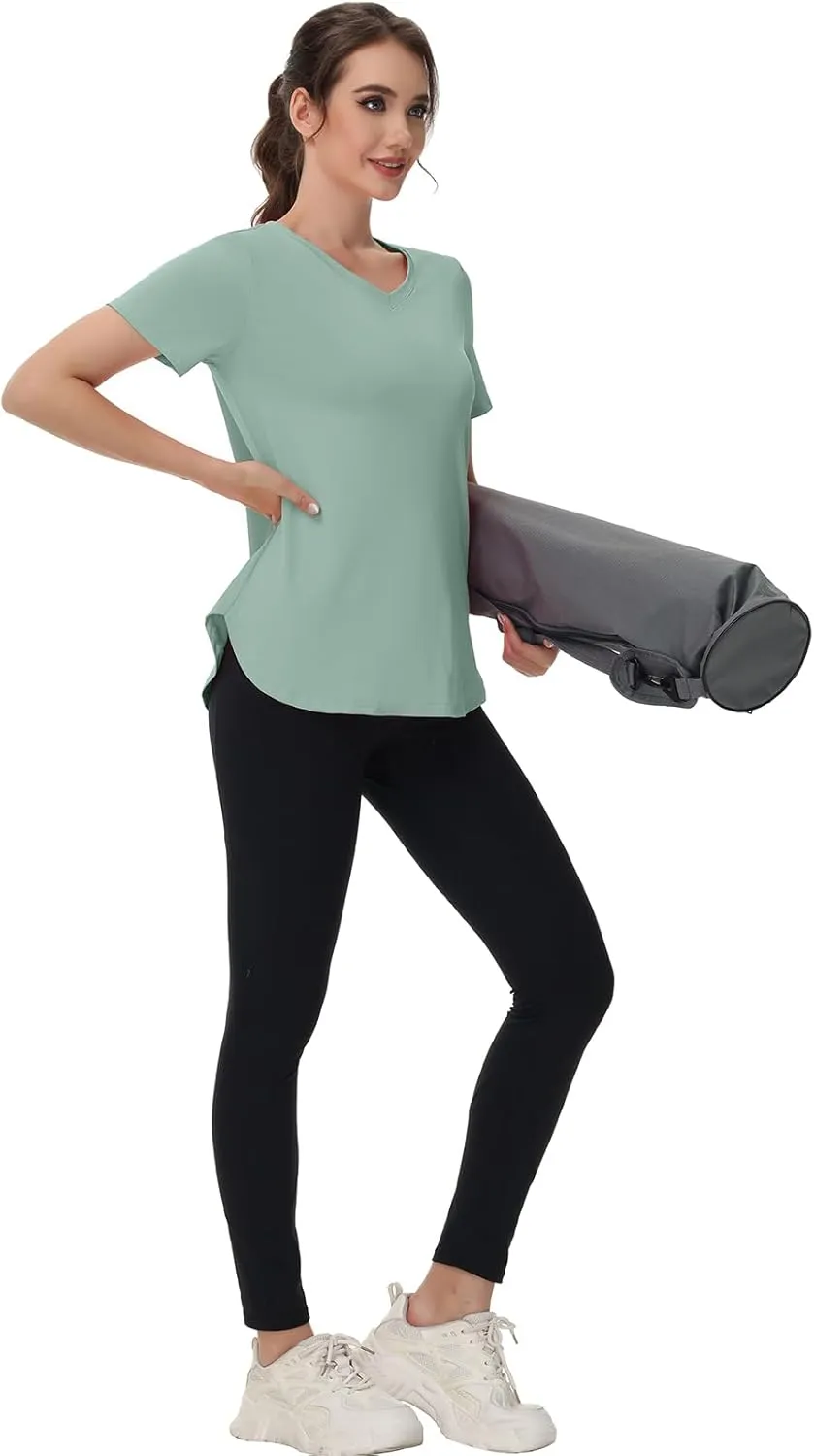 Womens Workout Tops Short Sleeve T Shirts Moisture Wicking Yoga Gym Running Hiking V Neck Athletic Tee
