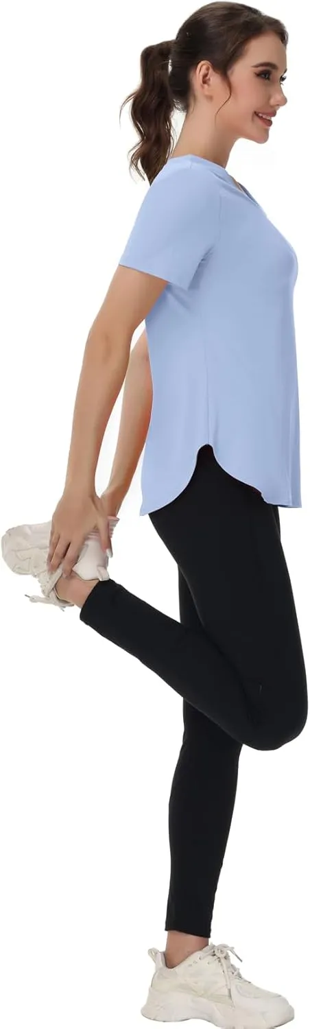 Womens Workout Tops Short Sleeve T Shirts Moisture Wicking Yoga Gym Running Hiking V Neck Athletic Tee